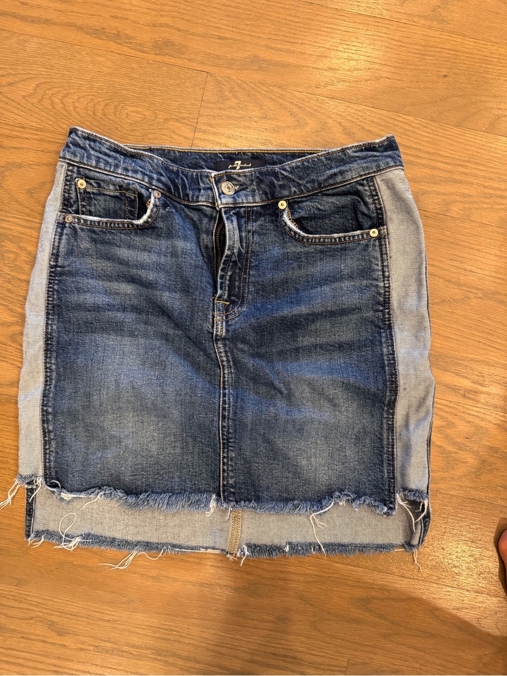 7 For All Mankind Two-Tone Blue Denim Mini Skirt